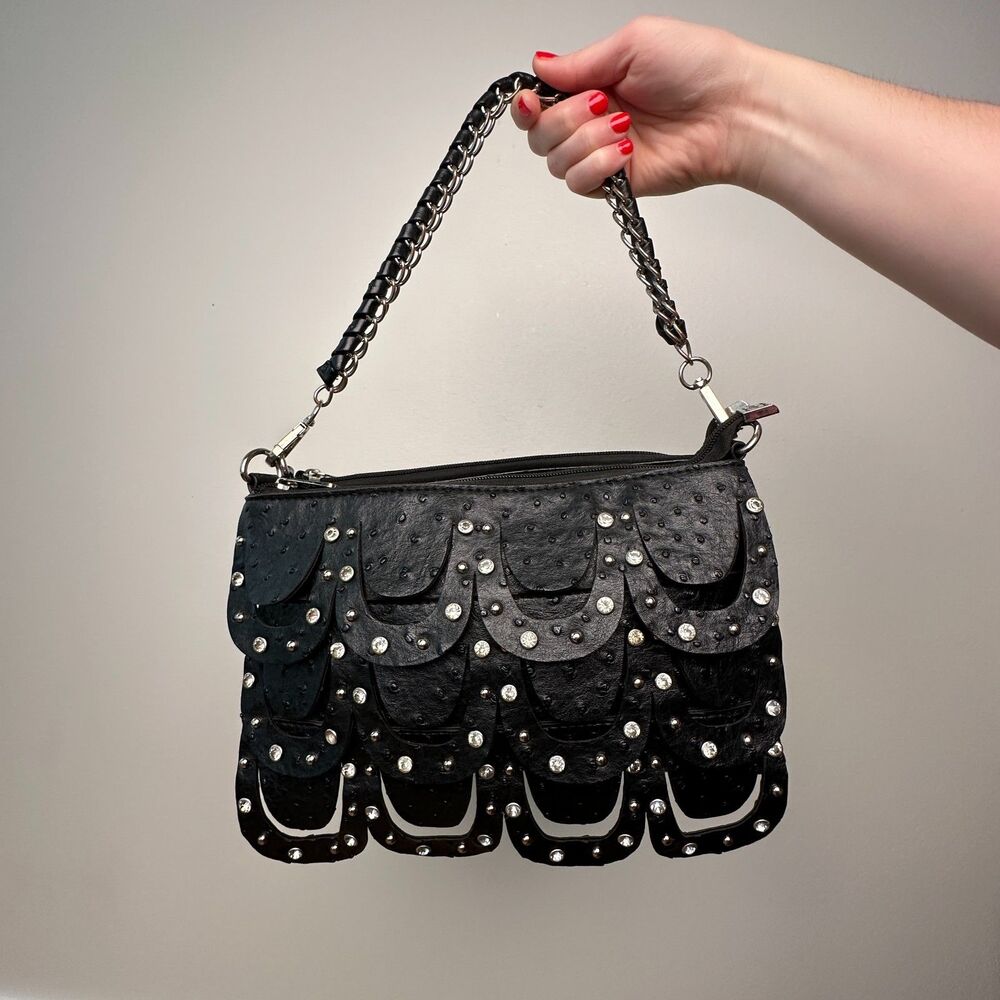Y2k Biker Chick Rhinestone Leather Purse - Pockets galore!  